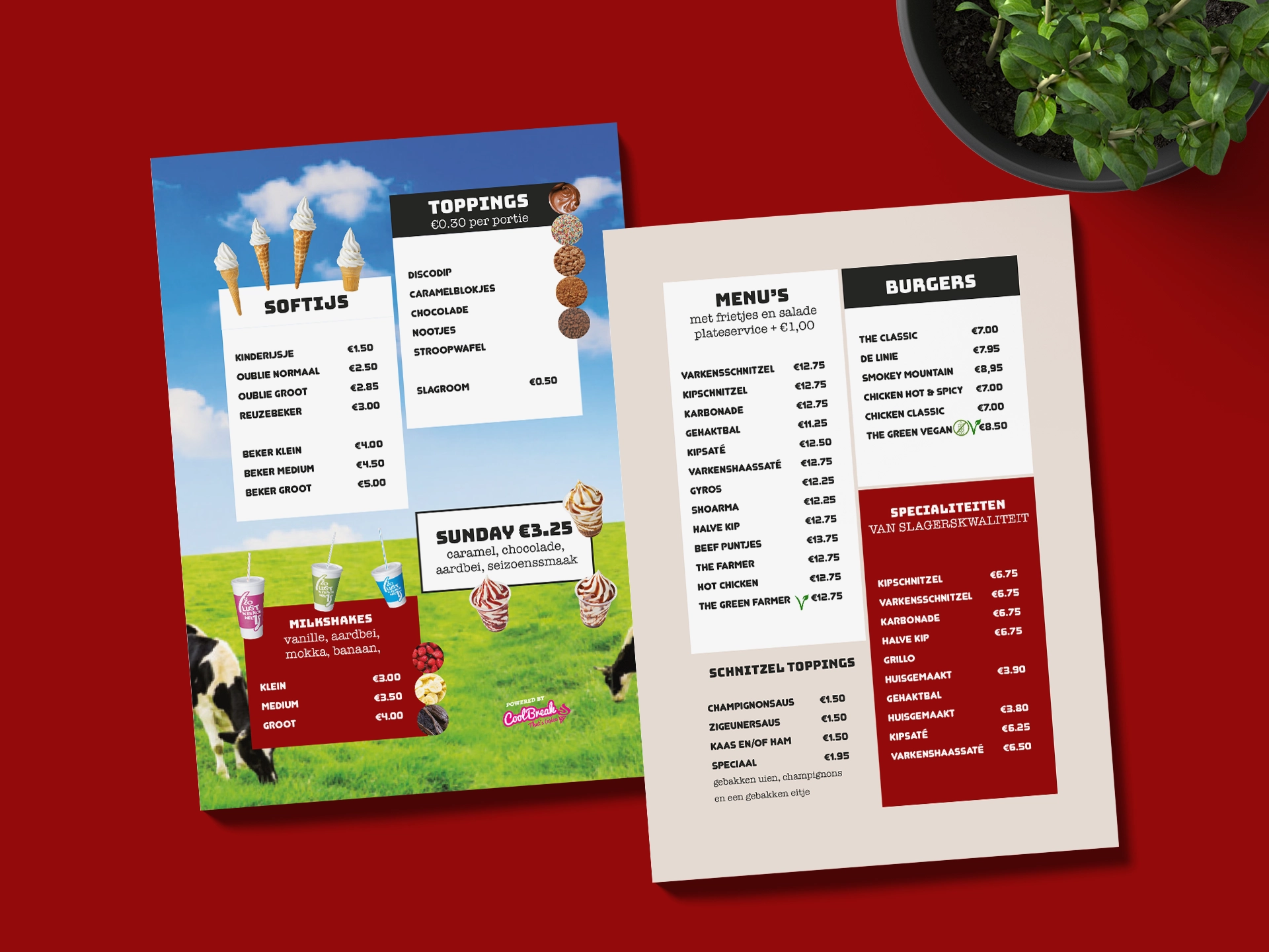 Ontwerpen, drukken en leveren van A2 menuplaten / posters voor cafetaria in Ochten