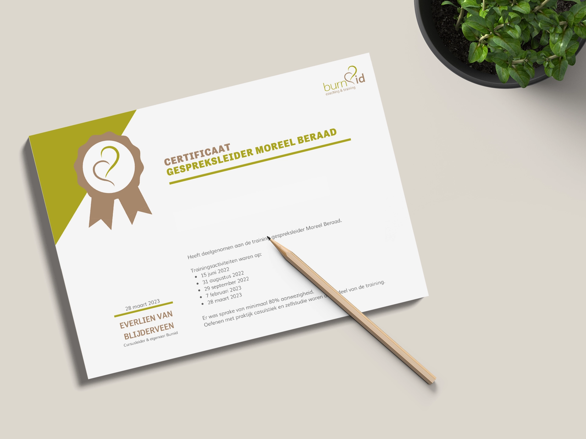 Ontwerp en drukwerk A4 certificaten op stevig papier voor deelnemers aan cursus / training